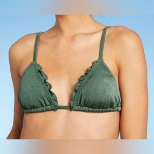 Xhilaration Shiny Ribbed Moss Green Ruffle Triangle Bikini Top
